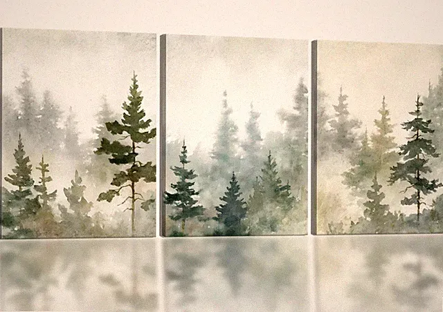 Forest Wall Art Set of 3, Framed Misty Pine Tree Canvas Paintings, Rustic Lan...